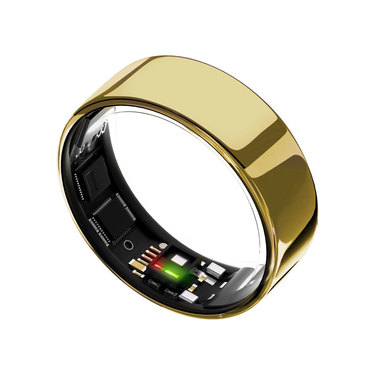 Goldfarbener Ring mit schwarzem Innenring. Elektronische Komponenten und rote/grüne Lichter sichtbar.