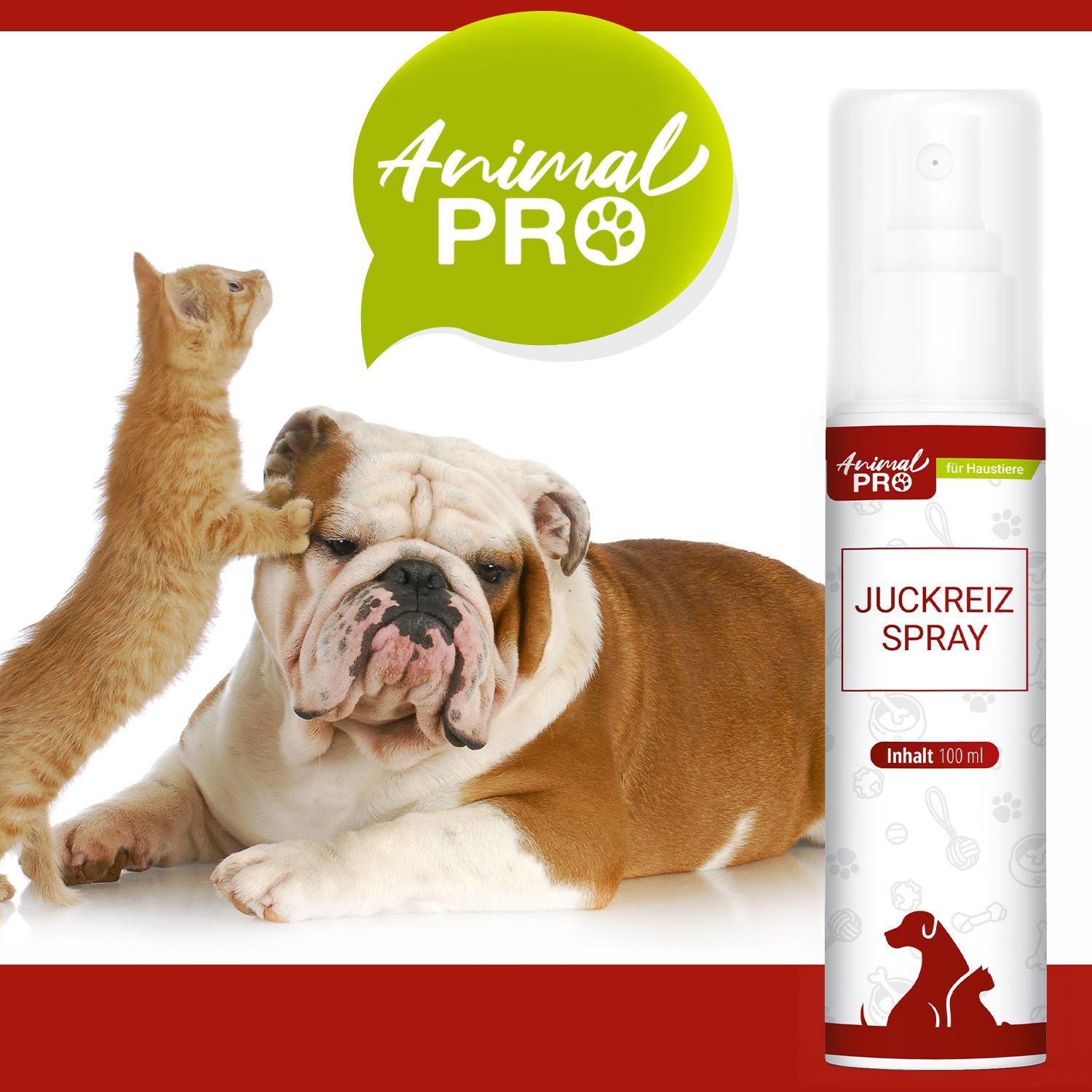 Katze und Bulldogge mit Sprayflasche. Text: Animal Pro, Juckreiz Spray. Inhalt 100 ml.