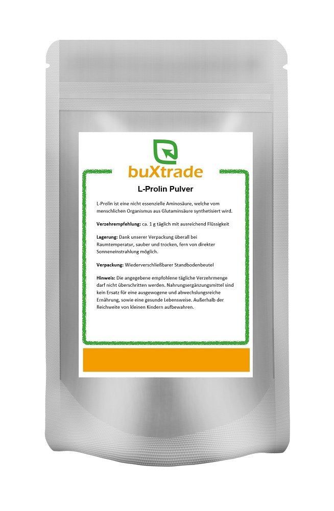 Beutel mit buXtrade L-Prolin Pulver. Weißer Beutel mit grünem Etikett. Text: L-Prolin, Verzehrempfehlung, Lagerung, Verpackung.