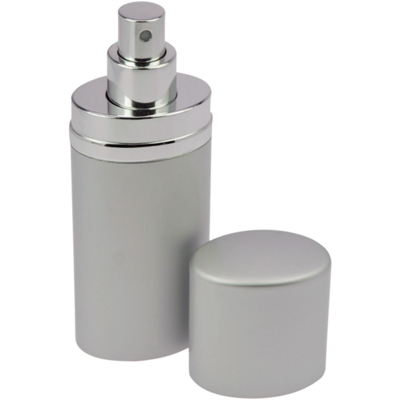 Ovaler Taschenzerstäuber, silberfarben. Zerstäuber und Kappe liegen daneben.