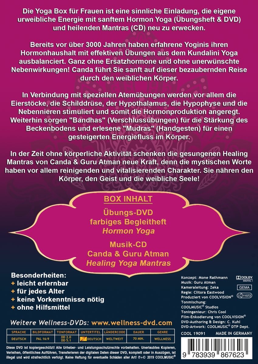 Rückseite der DVD-Box "Die Yoga Box Für Frauen". Textinformationen zu Inhalten und Zubehör. Enthält Übungs-DVD, Begleitheft und Musik-CD.