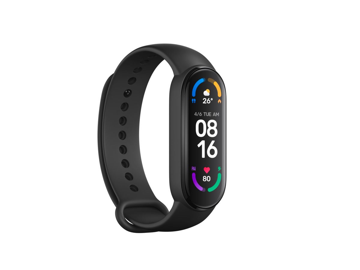 Schwarzes Fitnessarmband mit AMOLED-Farbdisplay. Zeigt Uhrzeit, Temperatur und Herzfrequenz an. Schwarzes Armband mit Lochung.