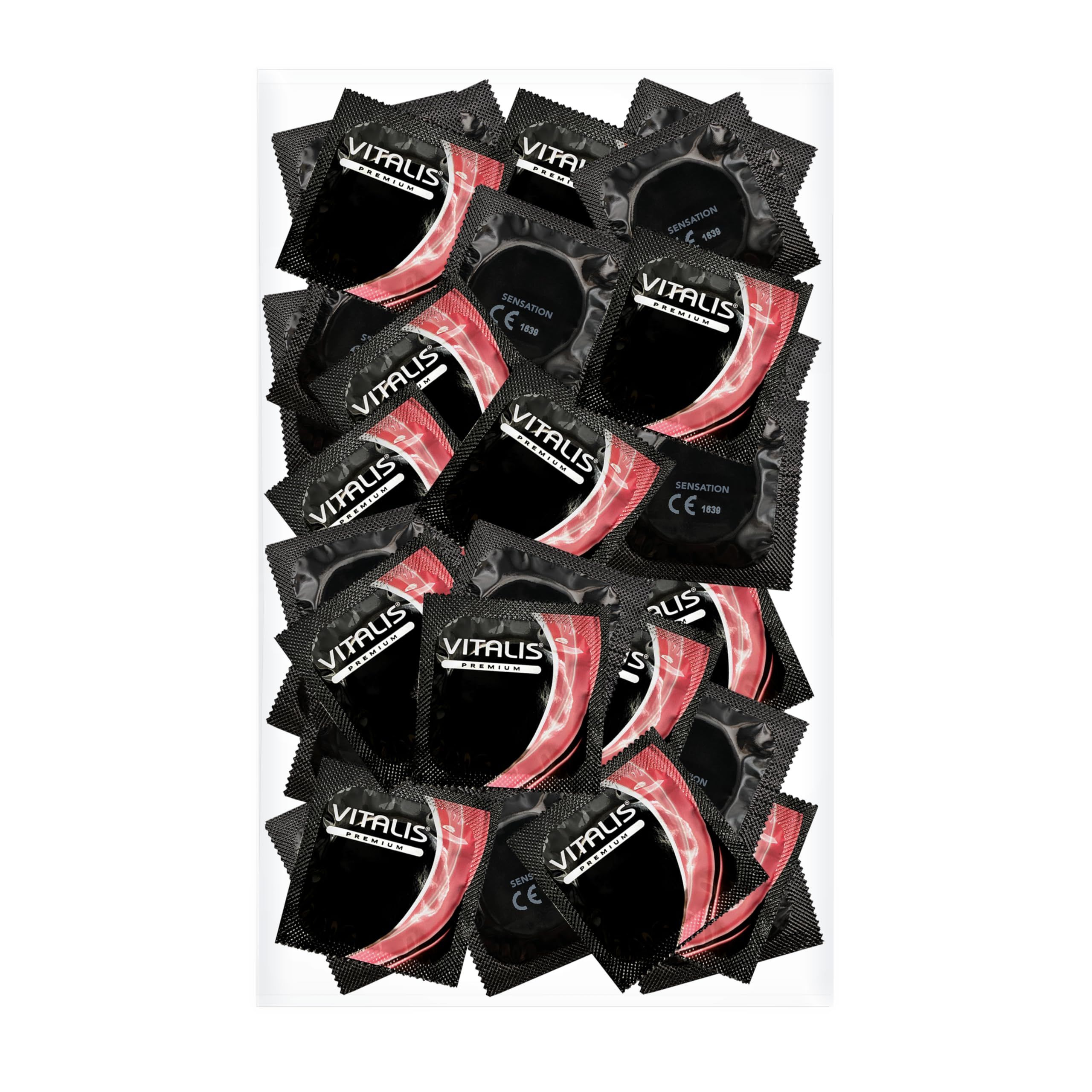 Packung mit einzelnen Kondomverpackungen, schwarz mit rotem Design und Vitalis Premium Schriftzug.