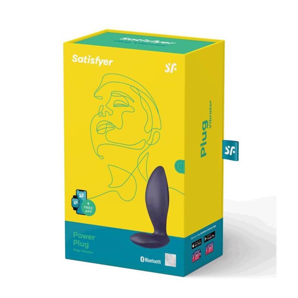 Violett Vibrator in gelber Verpackung. Aufdruck: Satisfyer, Plug Vibrator, App-Steuerung. Bluetooth-Logo.