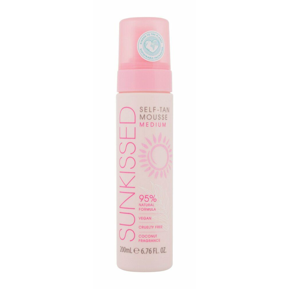 Rosa Flasche mit "Sunkissed"-Aufdruck. Enthält "Self-Tan Mousse Medium". 95% natürliche Formel, vegan, tierversuchsfrei. 200ml.