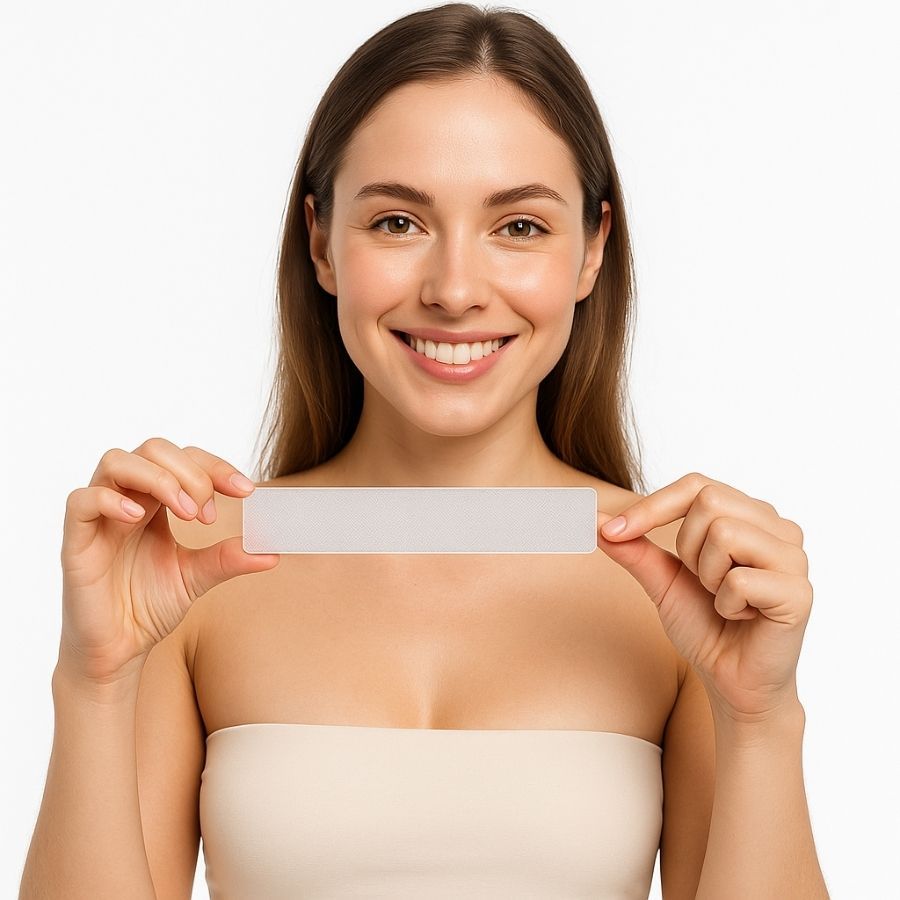 Frau hält ein rechteckiges, transparentes Silikonpflaster zwischen den Fingern. Sie lächelt in die Kamera.