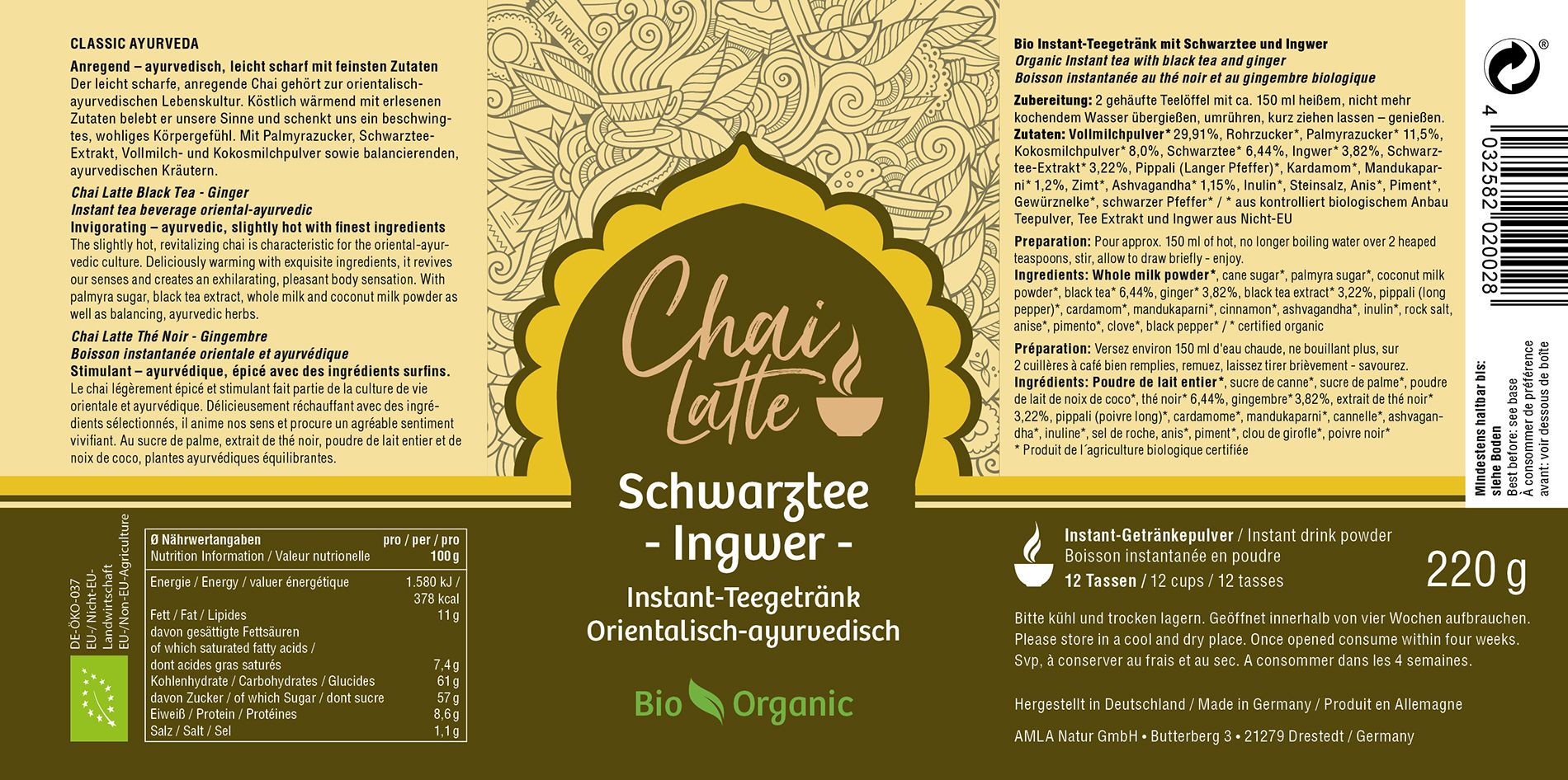 Classic Ayurveda - Chai Latte Schwarztee Ingwer 220 g