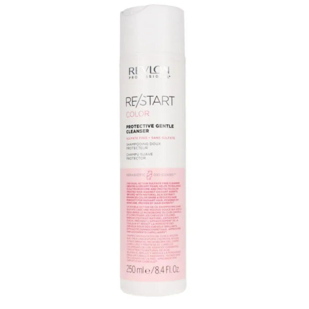 Weiß-rosa Flasche mit Produktbezeichnung und Text. Enthält 250 ml. Marke Revlon.