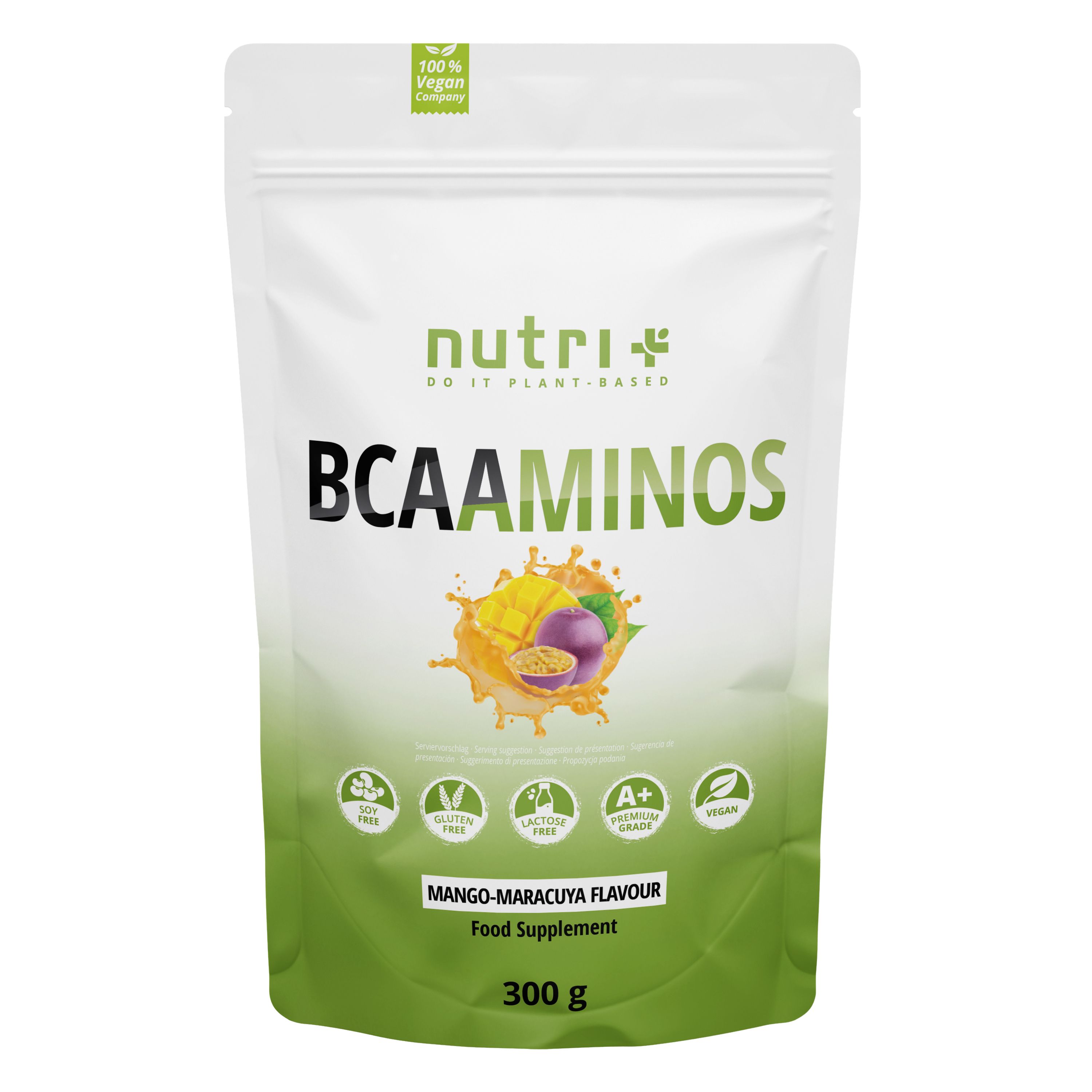 Zak nutri+ BCAA Aminozuren. Mango-passievruchtsmaak. 300g. Vegan. Logo en fruitillustratie.