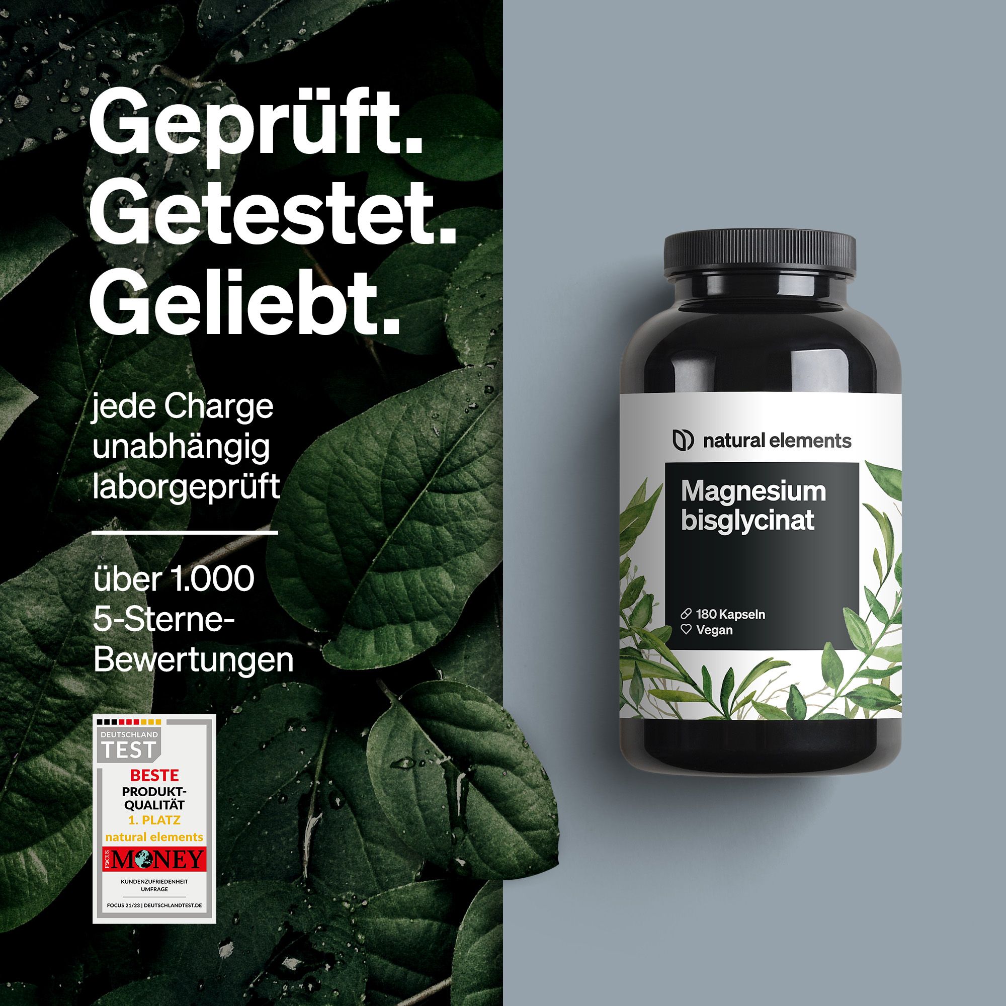 natural elements Magnesiumbisglycinat – Chelatiertes Magnesium – 180 Kapseln – 300mg Magnesium/Tag