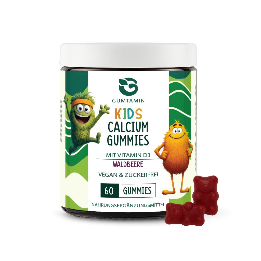 Dose Gumtamin Calcium + D3 Gummibärchen für Kinder. Aufschrift: Kids Calcium Gummies, Waldbeere, vegan & zuckerfrei. 60 Gummies.