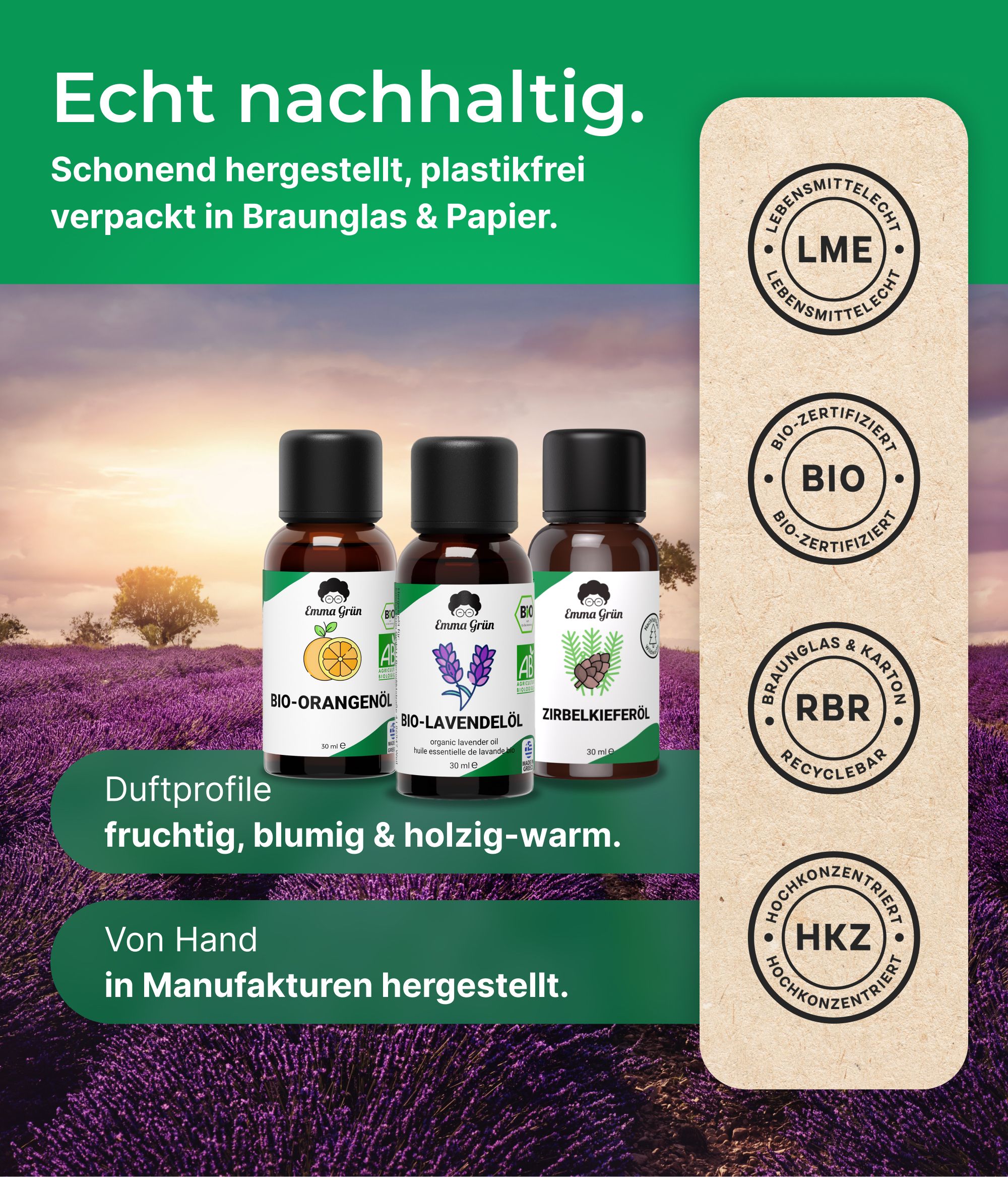 Drei Flaschen mit Produktnamen und Logo. Lavendelblüten im Hintergrund. Zertifizierungen und Text über Nachhaltigkeit.