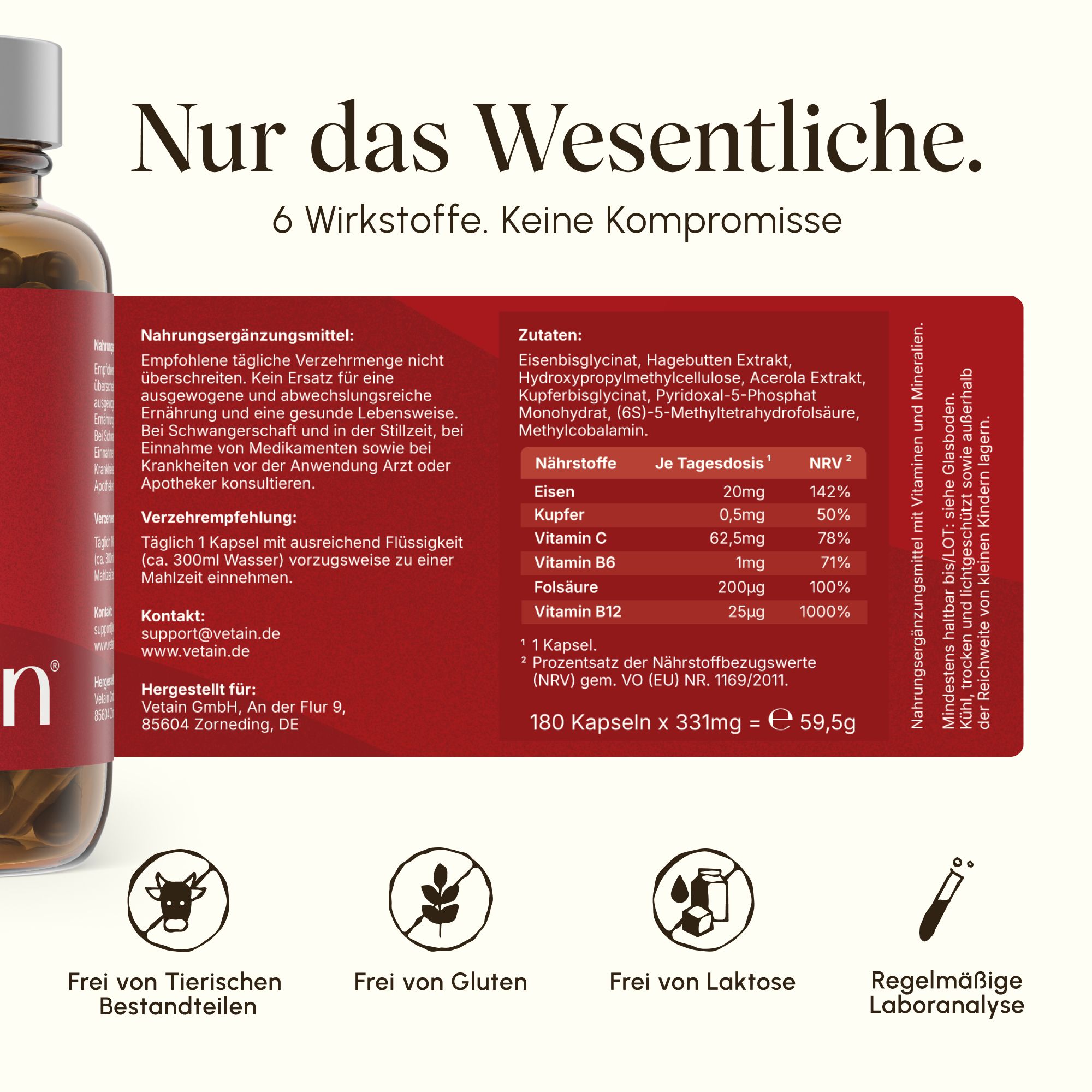 Flasche Vetain Eisen Komplex, 180 Kapseln. Liste der Inhaltsstoffe und Nährwerte.