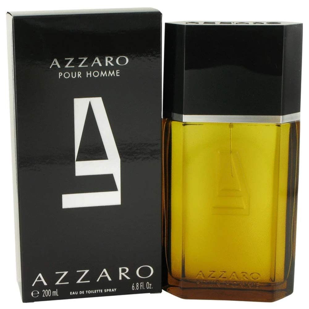 Azzaro Pour Homme Eau de Toilette Spray. Schwarze Schachtel und Flakon. Flakon mit gelber Flüssigkeit. 200ml.