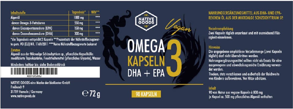 Etikett mit Produktinformationen. Enthält Angaben zu Inhaltsstoffen, Nährwerten und Dosierung. Native Goods Omega 3 Kapseln, 90 Kapseln.