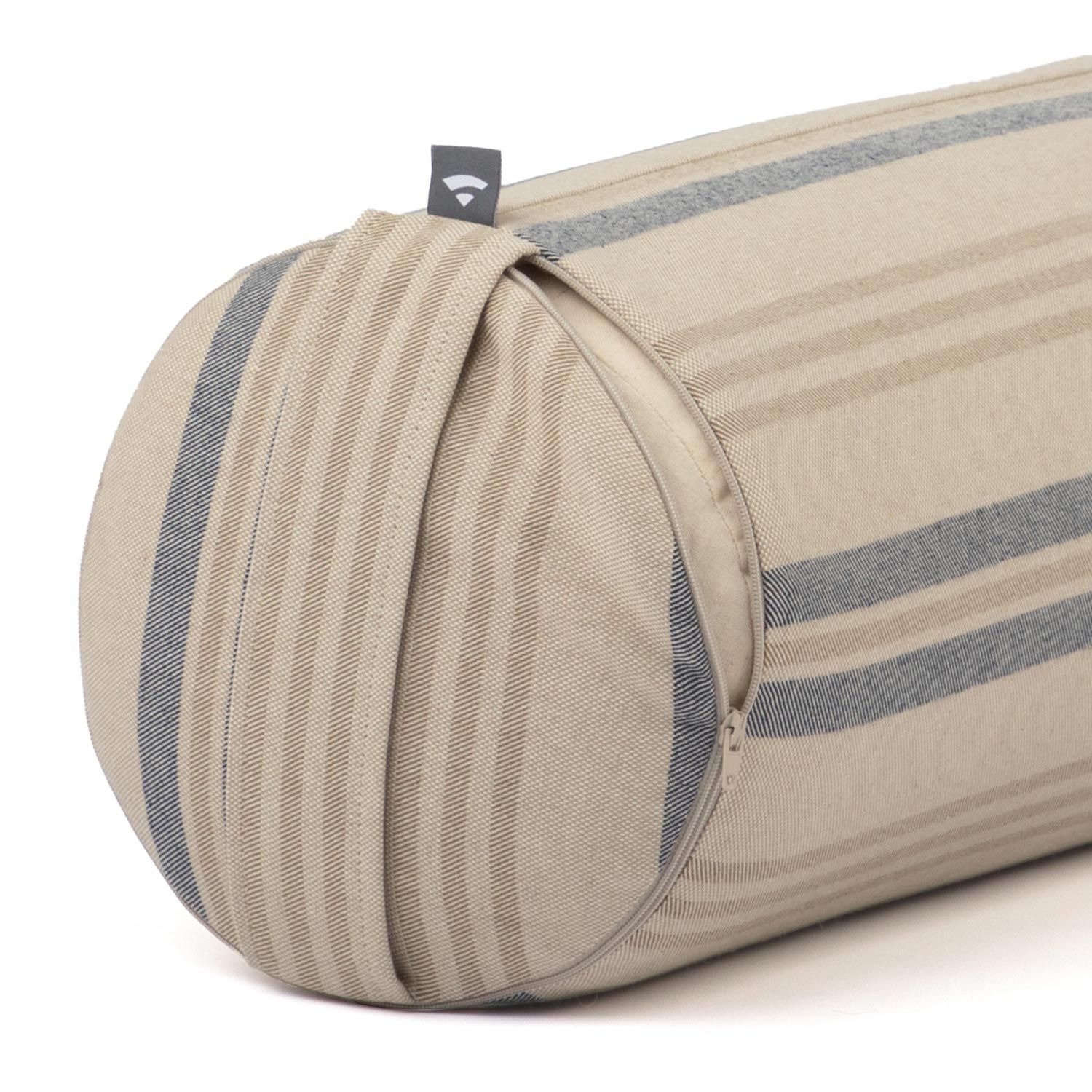 Zylindrisches Kissen mit Streifenmuster in Beige und Blau, mit Reißverschluss.