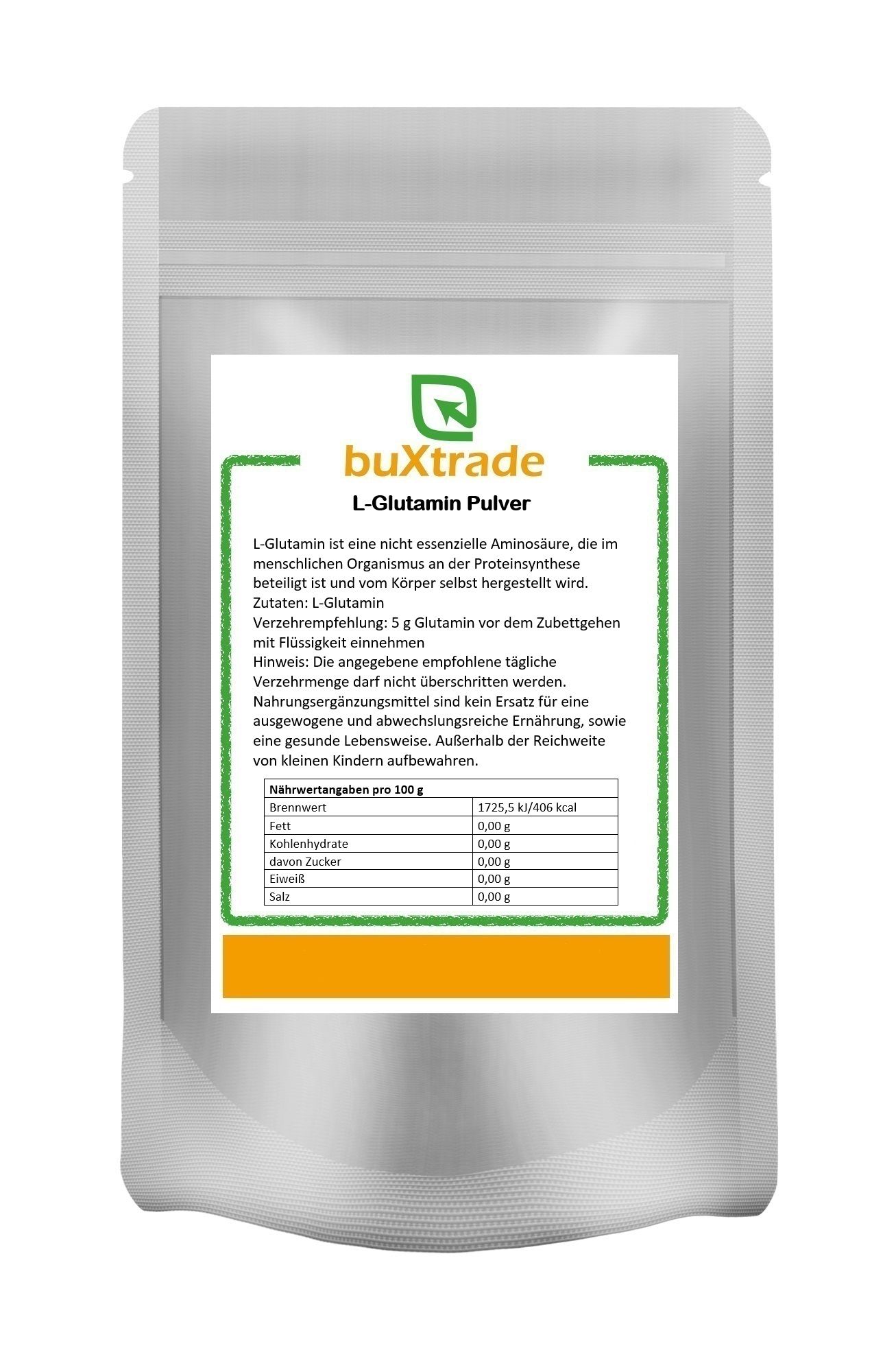 Beutel mit L-Glutamin Pulver. Aufdruck mit Produktinformationen und Nährwertangaben. Marke: buXtrade.