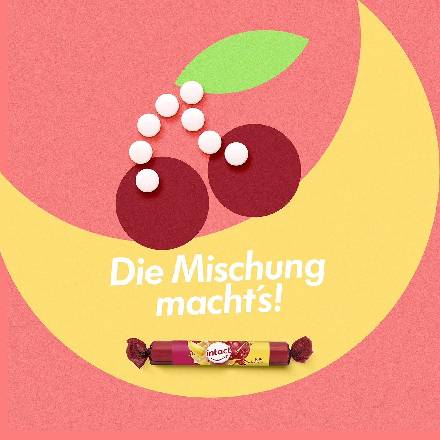 Traubenzucker-Rolle mit intact-Logo und Kirsch-Banane-Motiv. Kirschen und weiße Tabletten bilden eine Kirsche. Text: Die Mischung macht's!