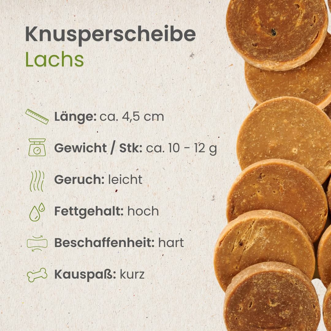 Detailansicht von Lachsknusperscheiben für Hunde mit Produktmerkmalen wie Länge und Gewicht.