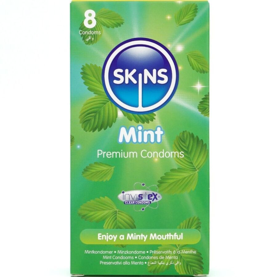 Skins Mint Kondom-Verpackung. Grün mit Blättern und Produktnamen. Enthält 8 Kondome. Mit 'invisitext' Logo.