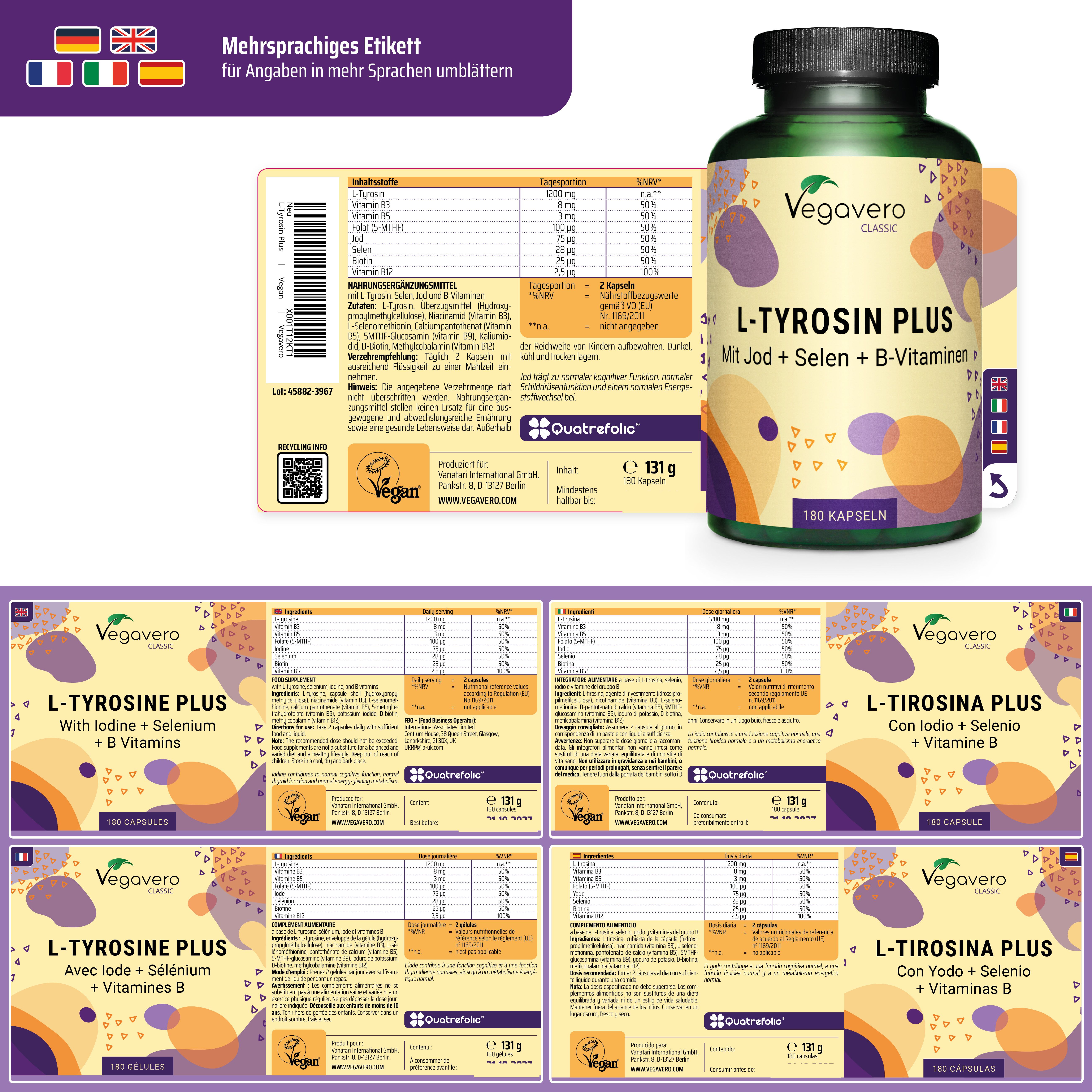 Mehrsprachiges Etikett mit Produktinformationen. Flasche mit Produktetikett. Mehrere Etiketten in verschiedenen Sprachen.