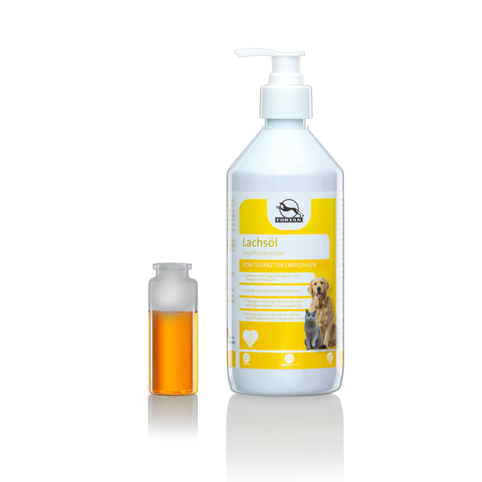 Flasche mit Dosierpumpe und kleine Flasche. Gelbes Etikett mit Produktname, Logo und Abbildung von Hund und Katze. Text: Lachsöl.