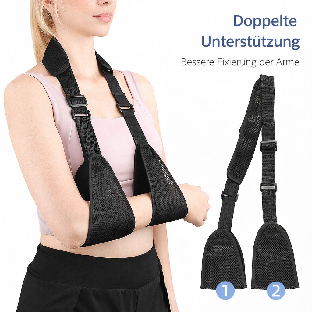 Person mit schwarzer Armschlinge. Doppelter Armstütze. Text: Doppelte Unterstützung, Bessere Fixierung der Arme. Zwei Armschlingen.