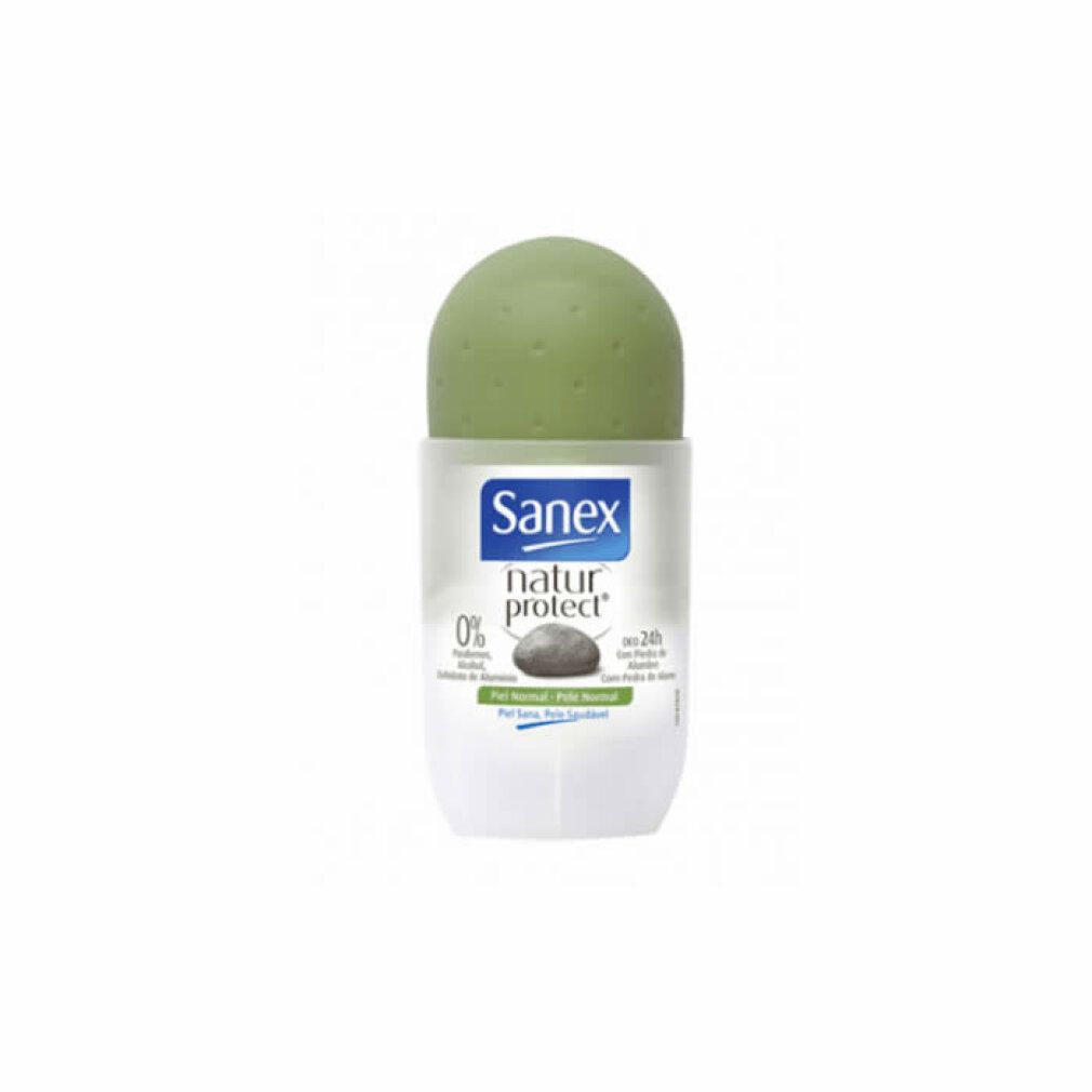 Roll-on-Deodorant Sanex Natur Protect. Weißes Gehäuse, grüner Deckel. Aufschrift: Sanex natur protect, 0% Aluminium.