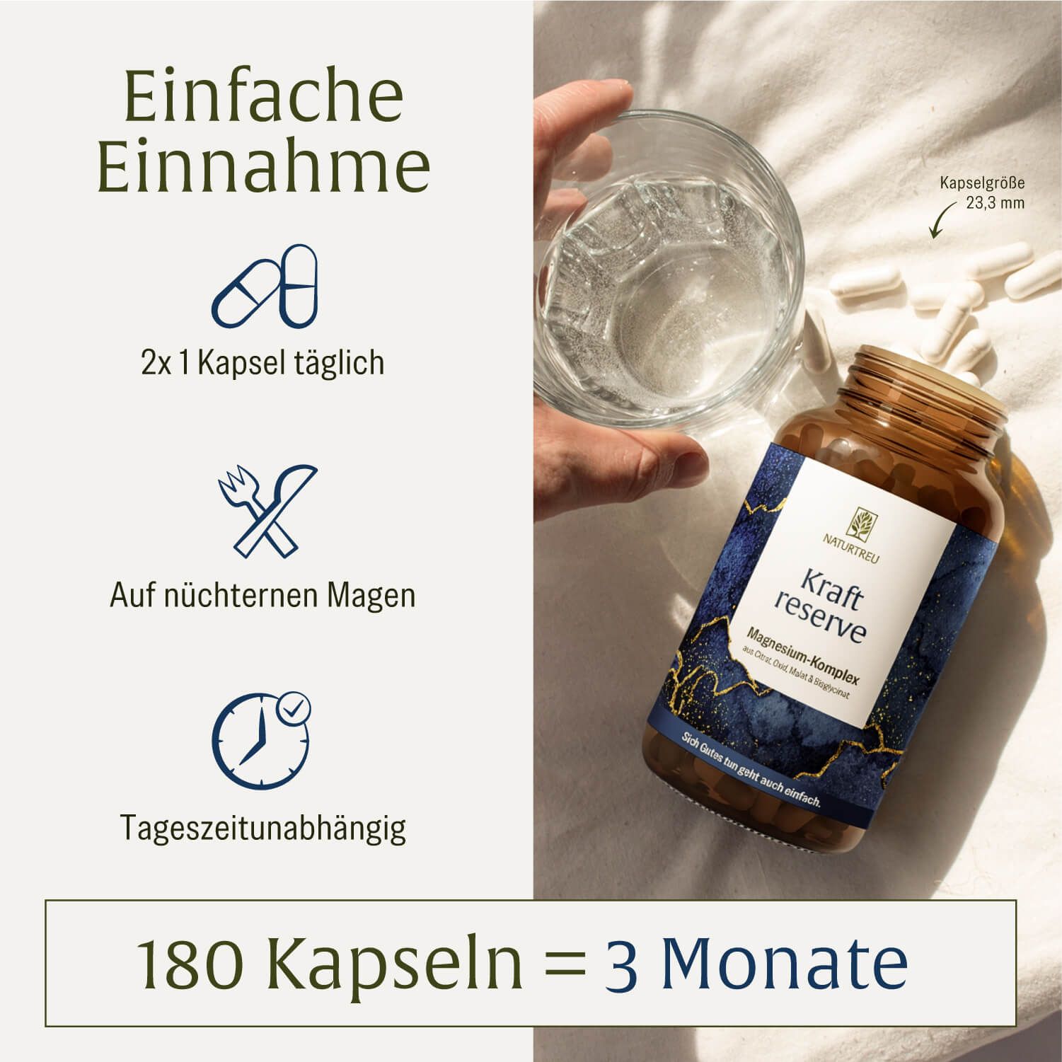 Produktflasche, Kapseln, Glas Wasser. Text: Einfache Einnahme. 2x1 Kapsel täglich. 180 Kapseln = 3 Monate.