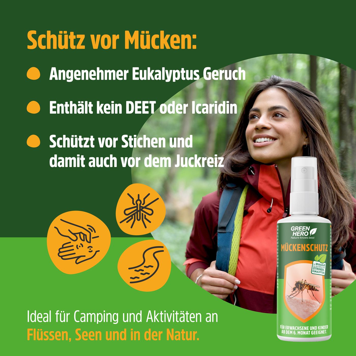 Grüne Infografik mit Text. Schützt vor Mücken. Angenehmer Eukalyptus Geruch. Enthält kein DEET oder Icaridin. Schützt vor Stichen. Flasche Green Hero Mückenschutz.