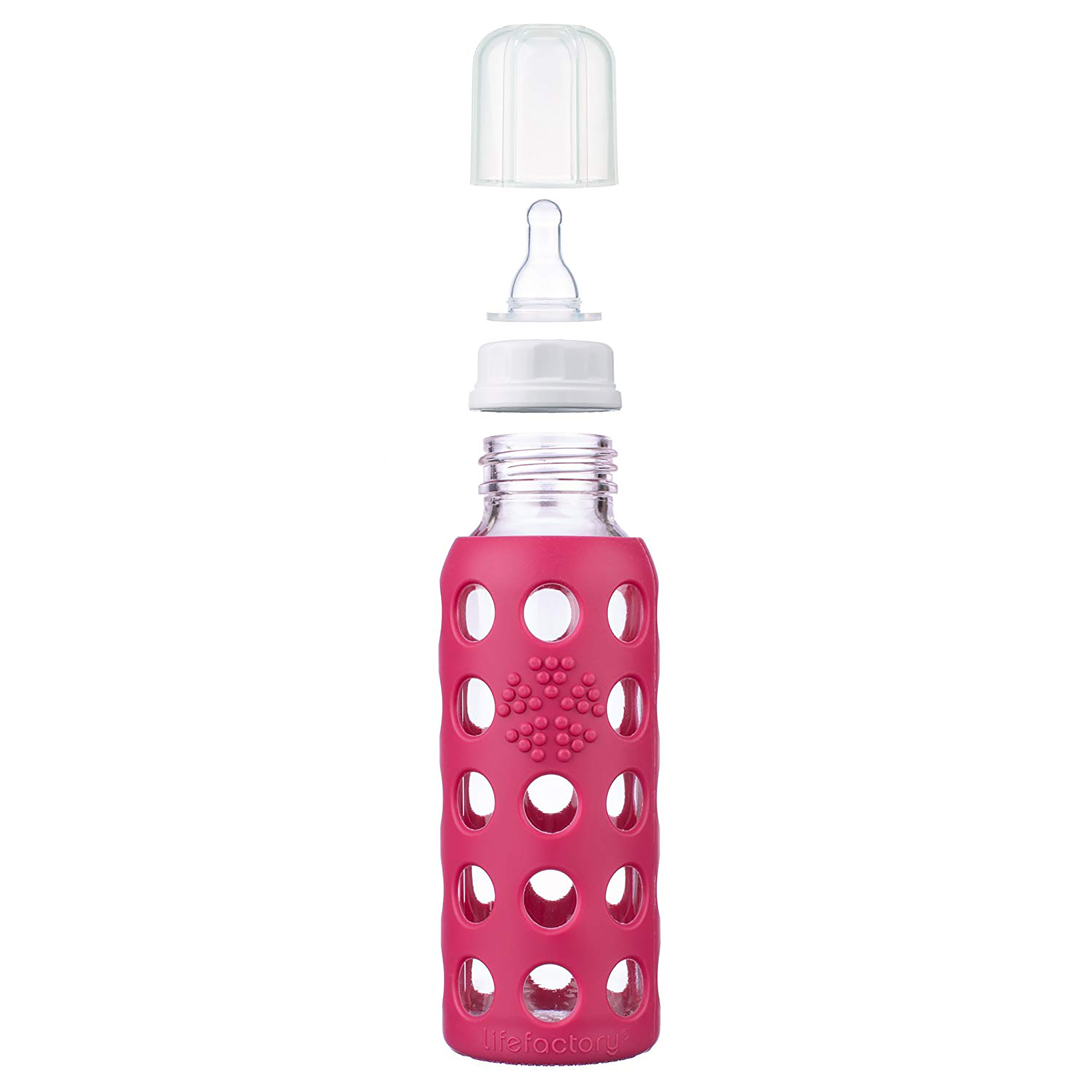 Baby Glas-Trinkflasche 250ml, inkl. Silikonsauger Gr. 2 (3-6 Monate), raspberry