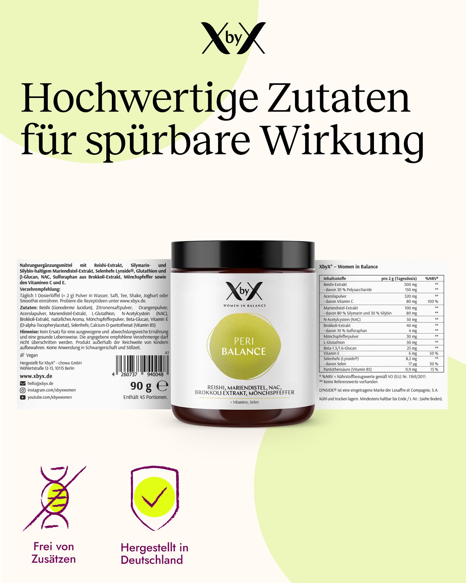 Braunes Glas mit 90g Pulver, "Peri Balance" Aufschrift, Inhaltsstoffe und Nährwertangaben sichtbar.