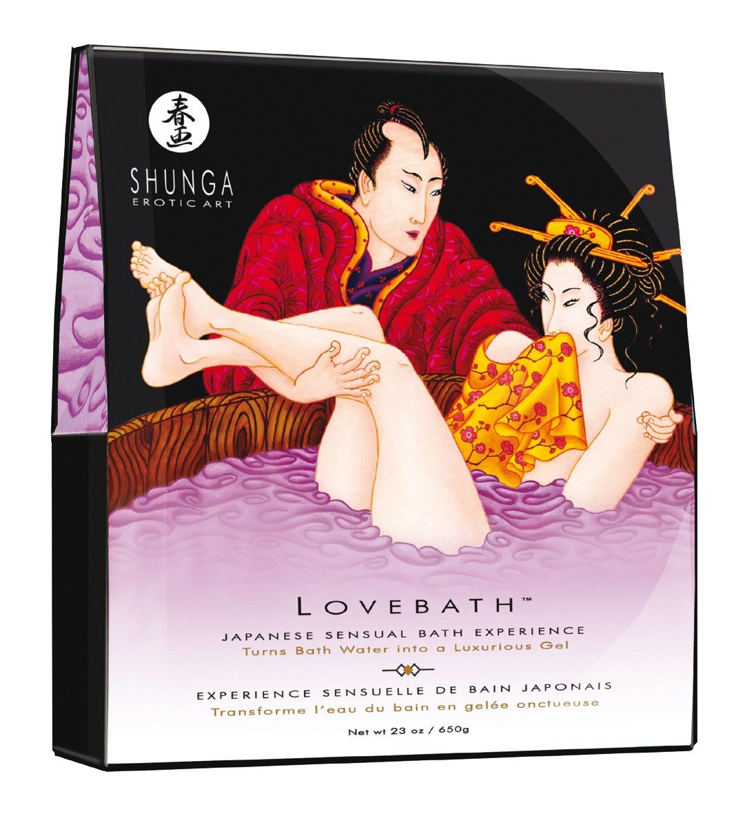 Verpackung Lovebath mit Illustration eines Paares in Badewanne. Text: Japanisches Badeerlebnis. Marke: Shunga.