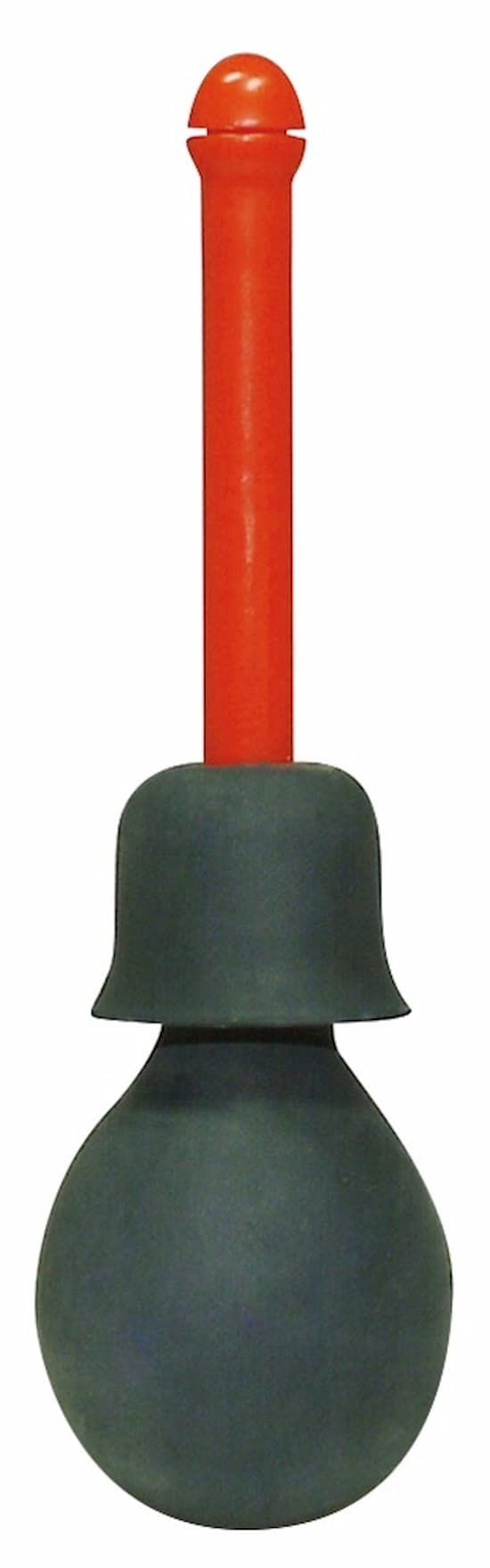 Dunkelgraue, birnenförmige Dusche mit rotem Applikator. Der Applikator hat einen zylindrischen Schaft und eine abgerundete Spitze.