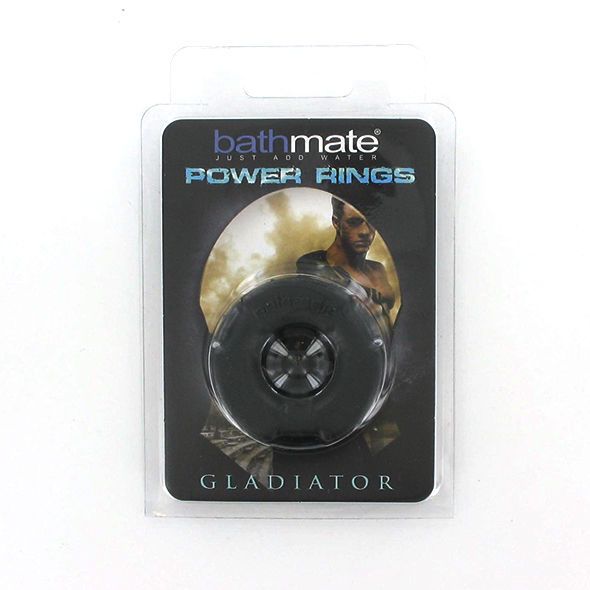 Schwarzer Cockring in Blisterverpackung. Auf der Verpackung: "Bathmate Power Rings Gladiator".
