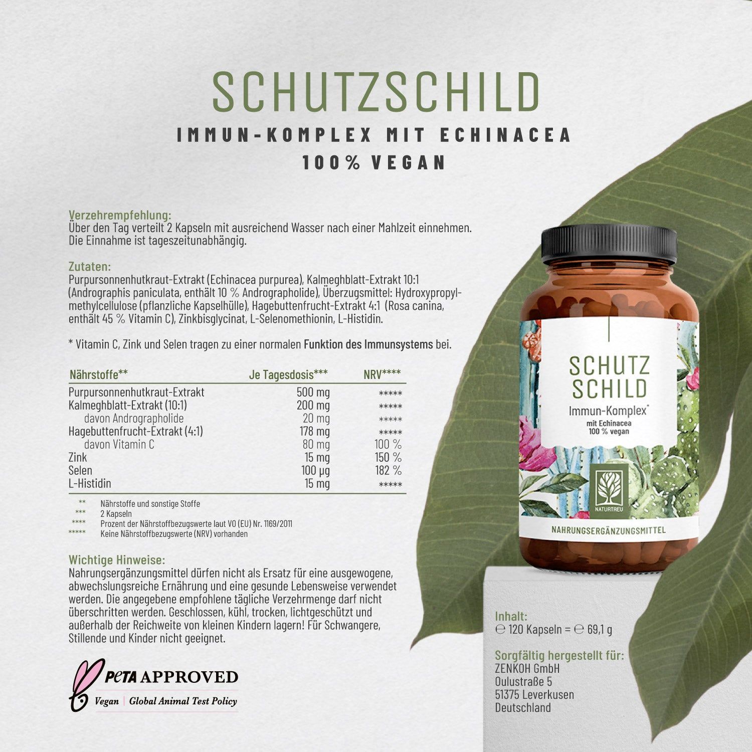 Produktflasche und Text. "Schutz Schild Immun-Komplex" mit Echinacea. 100% vegan. Inhaltsstoffe, Nährwerte.