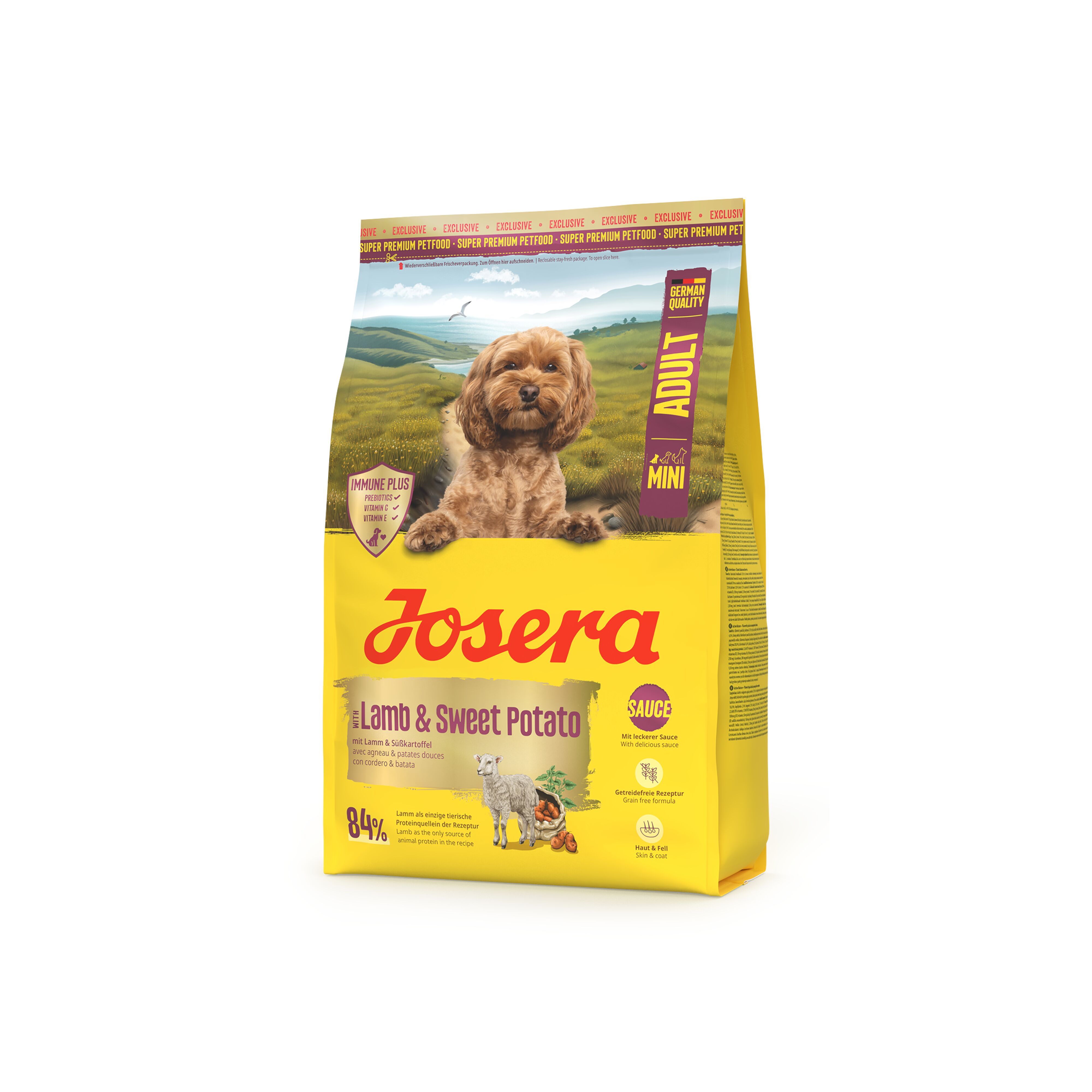 Gelbe Verpackung mit Produktnamen JOSERA Mini Adult Lamb & Sweet Potato. Abbildung eines Hundes, Logo und Produktinformationen.