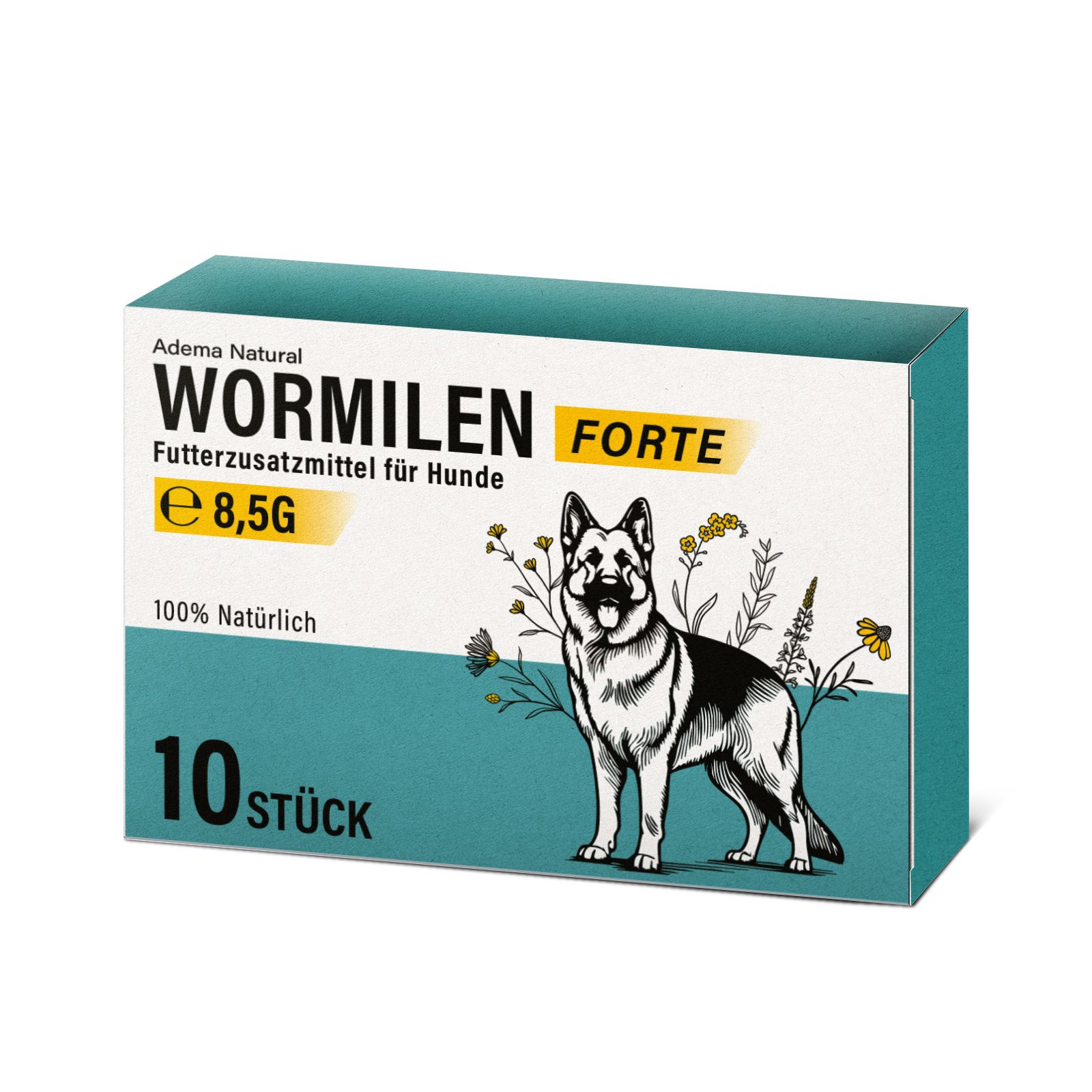 Vorderseite der Verpackung 'Wormilen Forte' mit Hund, 10 Stück, 8,5g, 100% Natürlich.