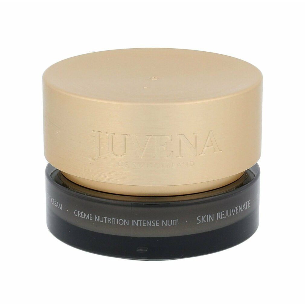 Creme-Tiegel mit goldfarbenem Deckel. Aufschrift: JUVENA OF SWITZERLAND. Unterer Teil: SKIN REJUVENATE, CRÈME NUTRITION INTENSE NUIT.