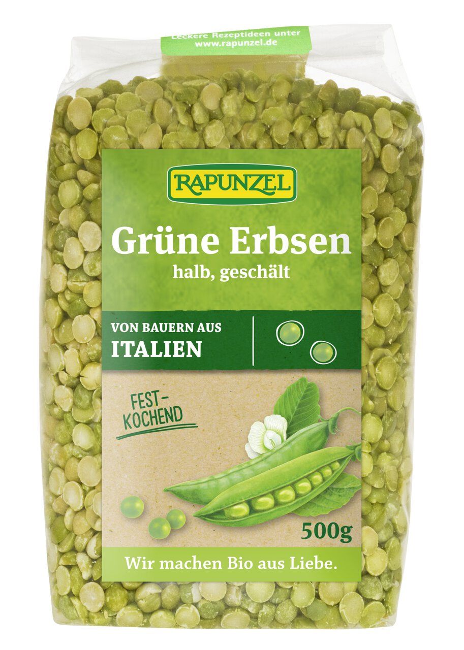 Rapunzel Grüne Erbsen, halb, geschält, 500g Beutel. Festkochend, von Bauern aus Italien.