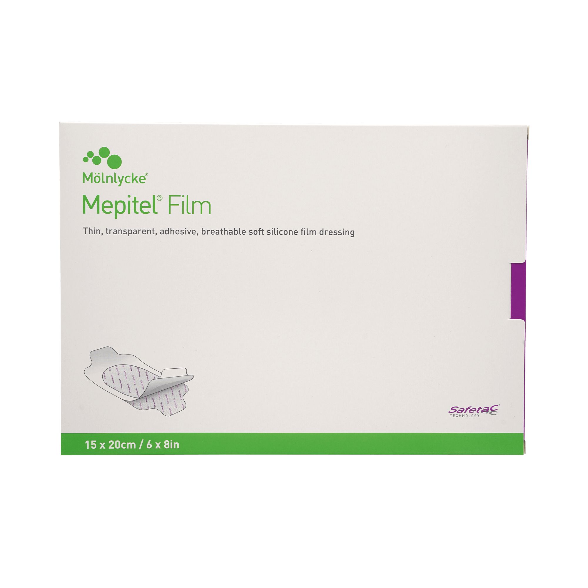 Verpackung von Mepitel Film. Aufschrift: 15 x 20 cm / 6 x 8 Zoll. Dünner, transparenter, atmungsaktiver Silikonfilmverband.