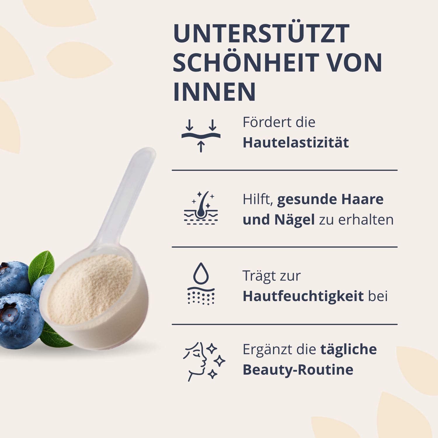 Infografik: Kollagen unterstützt Schönheit von innen, Hautelastizität, Haare und Nägel.