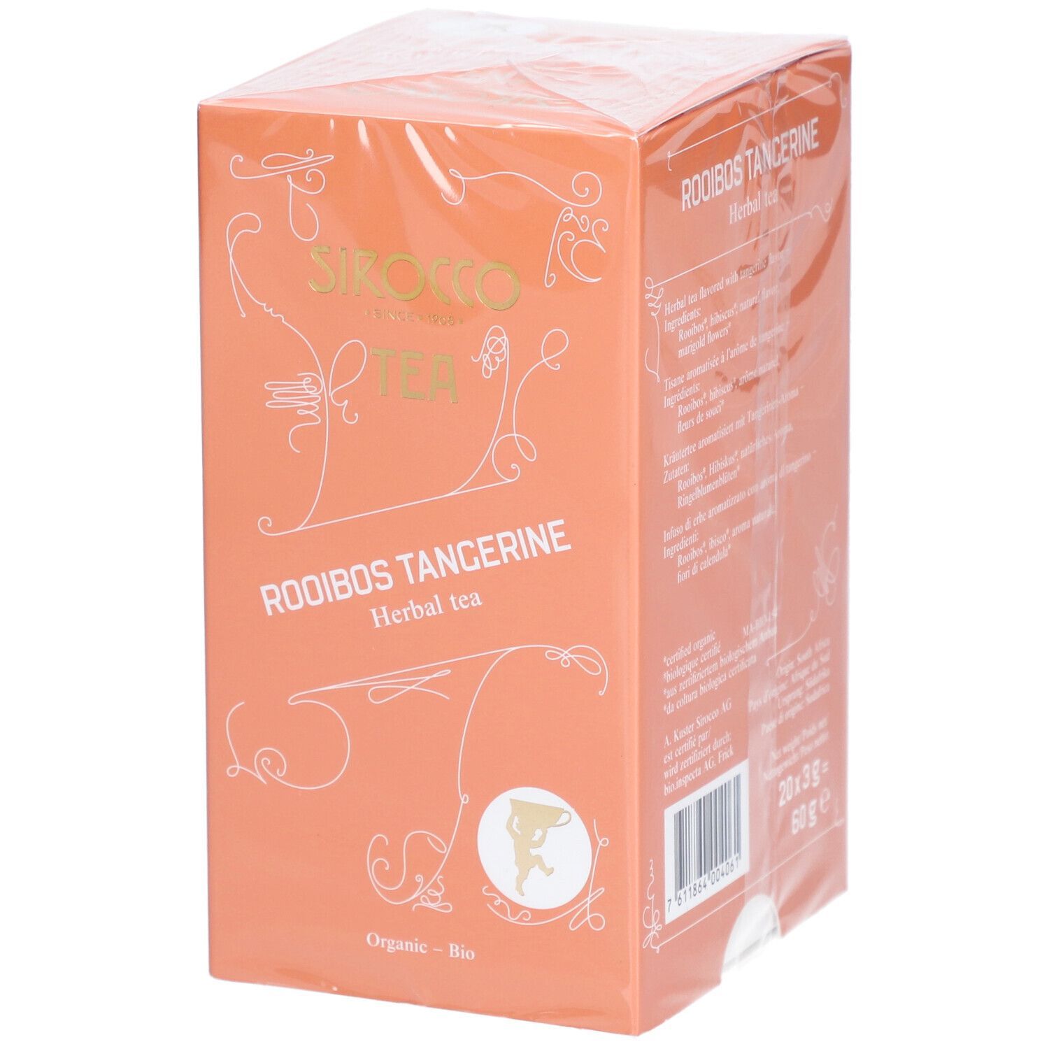 Orangefarbene Verpackung mit Text: Sirocco Tea, Rooibos Tangerine. Bio-Siegel. Kräutertee. Sichtbare Verpackung.