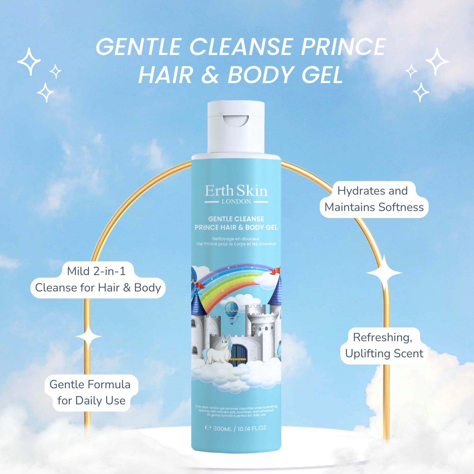 Hellblaue Flasche mit weißem Deckel. Aufschrift: Erth Skin London, Gentle Cleanse Prince Hair & Body Gel. Text: Mild 2-in-1, sanfte Formel, erfrischender Duft.
