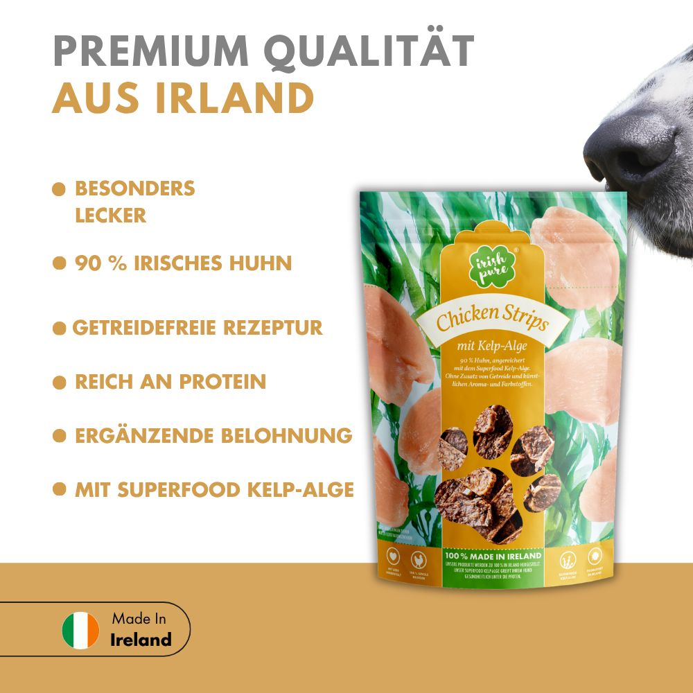 Verpackung Irish Pure Chicken Strips mit Kelp-Alge, 100% Made in Ireland.