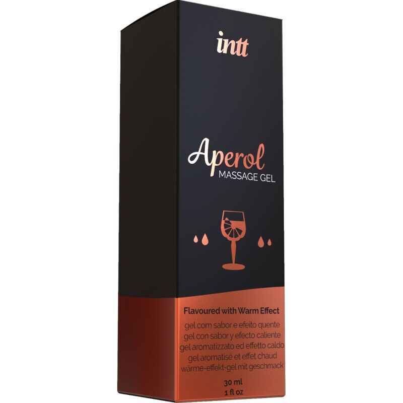 Schwarze Verpackung mit "intt Aperol Massage Gel". 30 ml.
