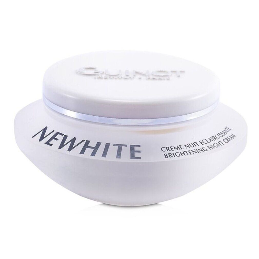 Weißes Creme-Glas mit weißem Deckel. Auf dem Deckel steht "GUINOT". "NEWWHITE" und "CREME NUIT" auf dem Glas.