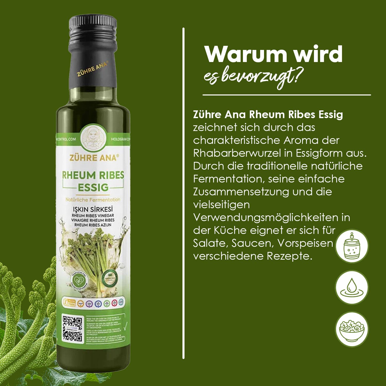 Flasche Zühre Ana Rheum Ribes Essig mit Rhabarberwurzel-Illustration. Text auf Deutsch: "Warum wird es bevorzugt?"