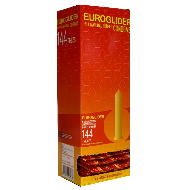 Hohe, orangefarbene Verpackung mit "EUROGLIDER"-Schriftzug. Enthält 144 Kondome. Gezeigt: ein Kondom. Medizinprodukt.