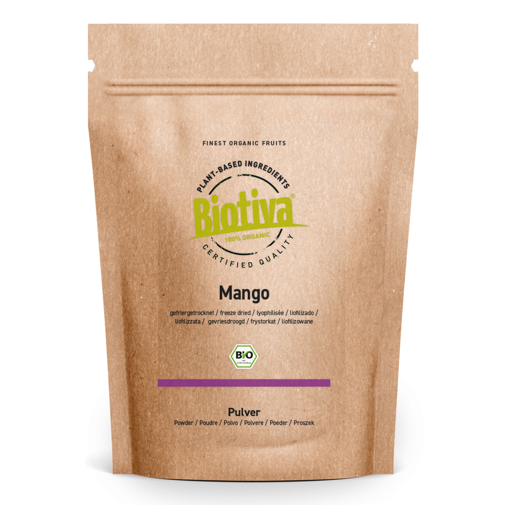 Braune Tüte mit Biotiva Mango Pulver. Aufschrift: Mango, Pulver, gefriergetrocknet, Bio-Siegel. Grün-weißer Aufdruck: 100% Organic.